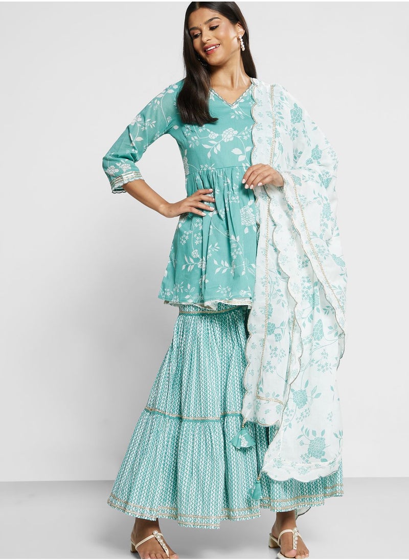 Biba - Printed Kurti & Plazzo Set With Dupatta - Image 1