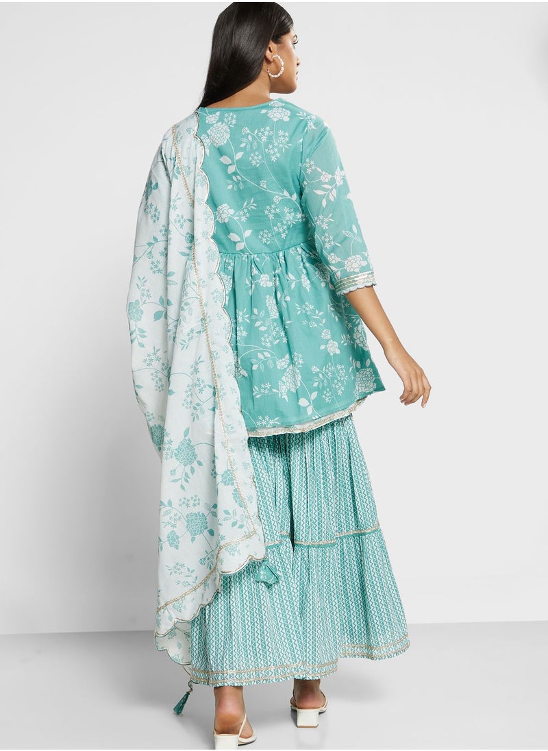 Biba - Printed Kurti & Plazzo Set With Dupatta - Image 1