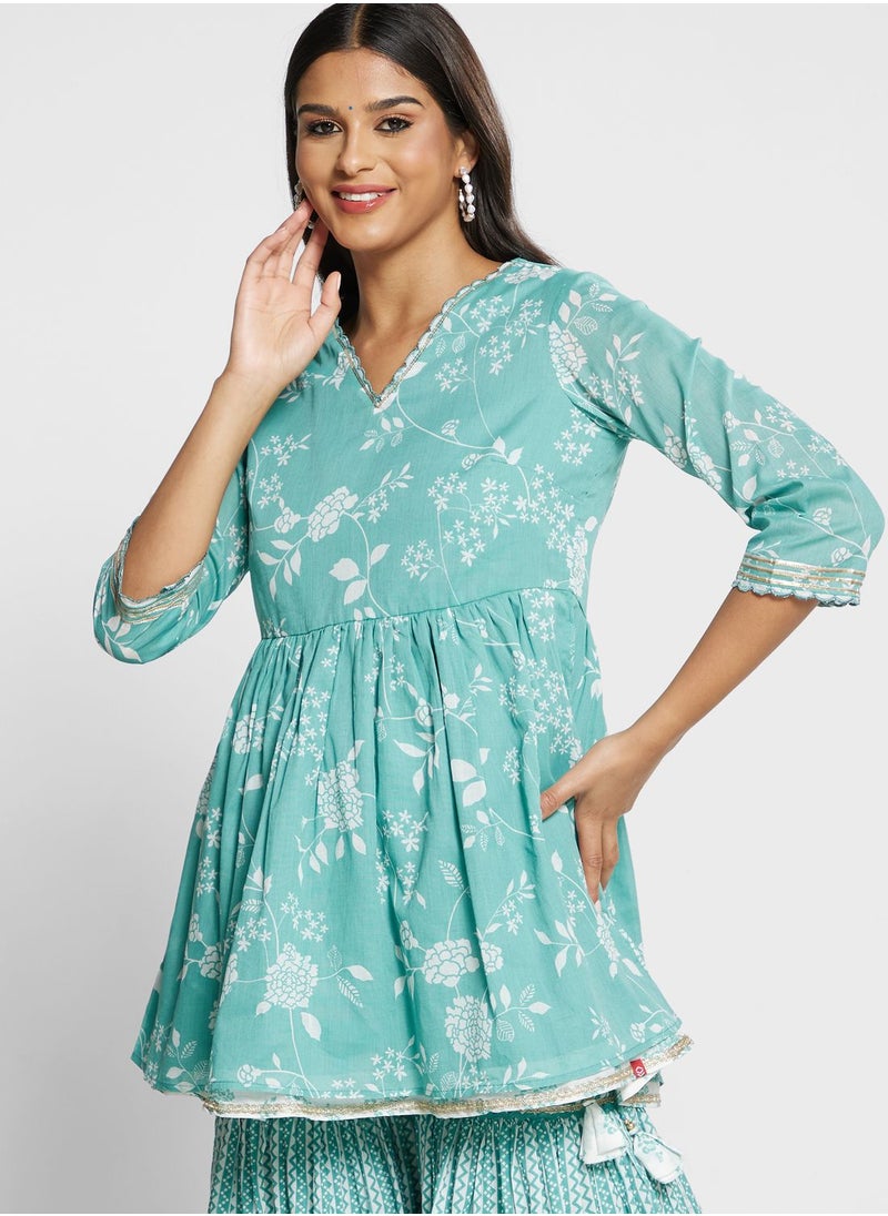 Biba - Printed Kurti & Plazzo Set With Dupatta - Image 1