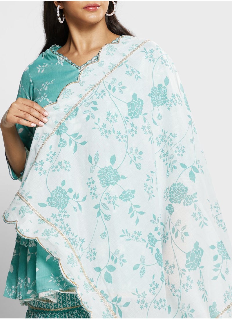 Biba - Printed Kurti & Plazzo Set With Dupatta - Image 1