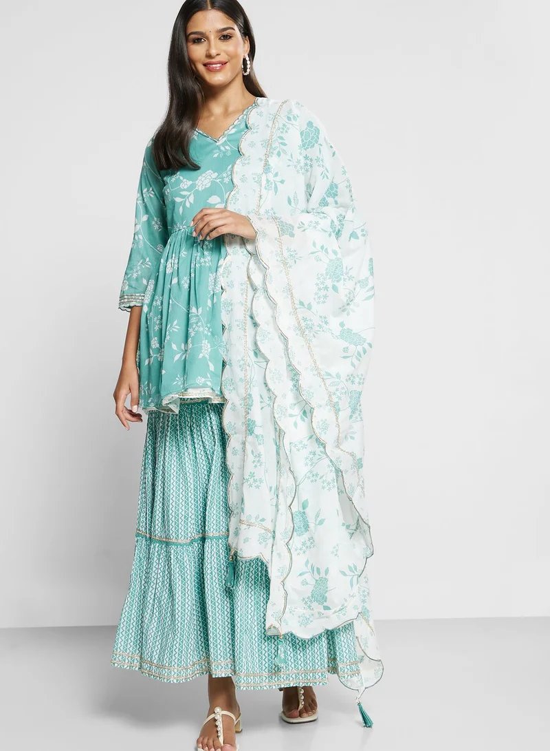 Biba Printed Kurti & Plazzo Set With Dupatta
