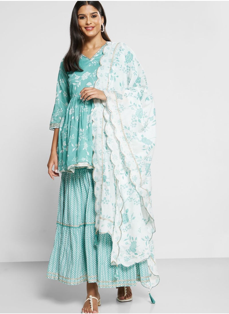 Biba - Printed Kurti & Plazzo Set With Dupatta - Image 1