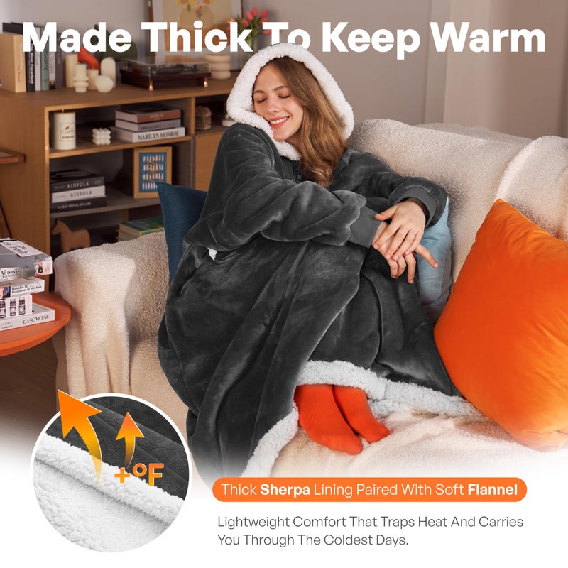Giggling Getup Wearable Blanket Hoodie for Women Men Gifts for Women Mom Wife Sherpa Fleece Long Hooded Blanket Sweatshirt Cozy Sherpa Wearable Throw with Pocket & Sleeves for Adult Standard Dark Grey - Image 2