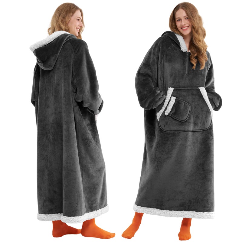 Giggling Getup Wearable Blanket Hoodie for Women Men Gifts for Women Mom Wife Sherpa Fleece Long Hooded Blanket Sweatshirt Cozy Sherpa Wearable Throw with Pocket & Sleeves for Adult Standard Dark Grey - Image 1