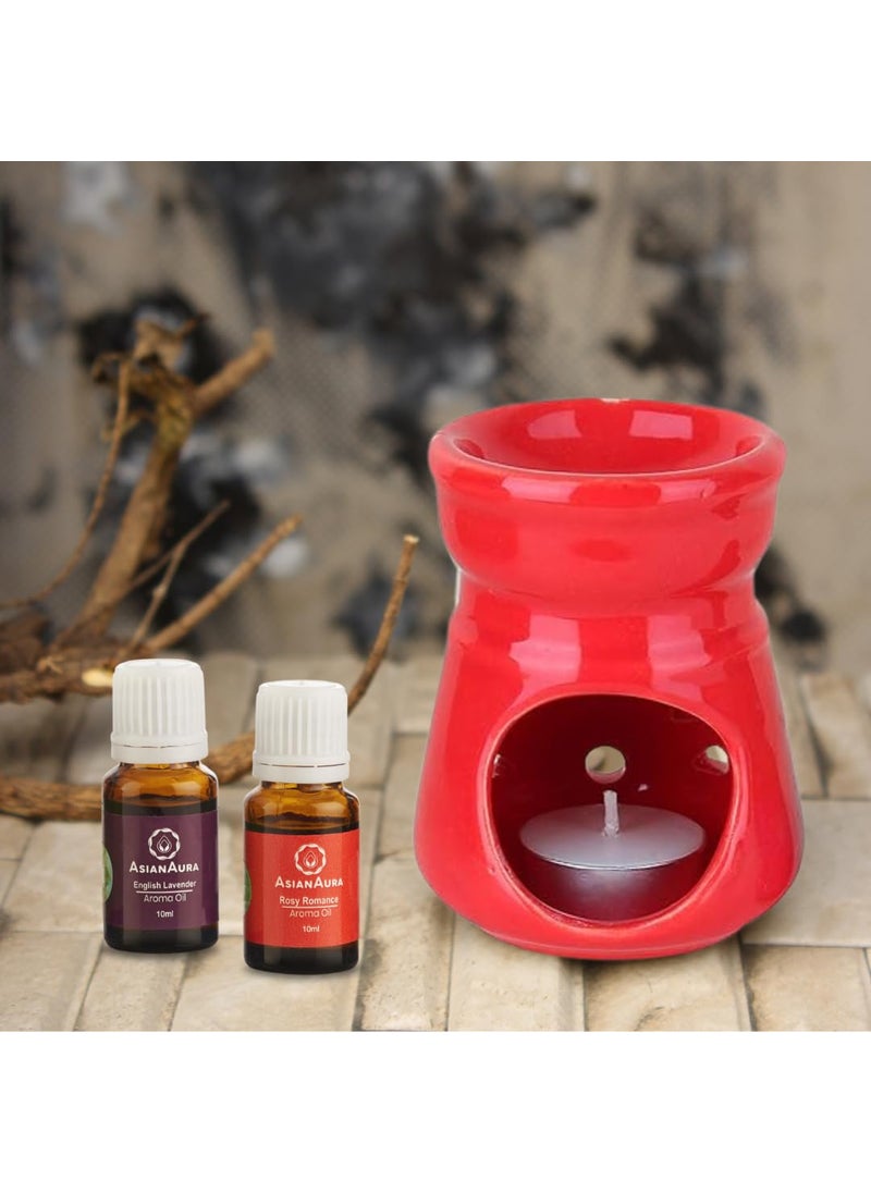 ASIAN AURA Asian Aura Ceramic Aroma Oil Burner Tea Light Candle Diffuser Oil Warmer for Home Fragrance with 1 Tea Light Candle and 2 Aroma Oils English Lavender Rosy Romance Fragrance 10ml Each  - Image 1