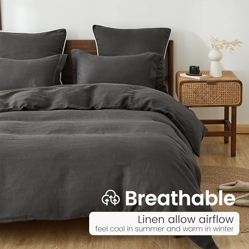 King Linens 100% French Linen Pillow Shams Basic Style - Pack of 2 - Washed Solid Color Natural Flax Soft Breathable - Dark Grey, 20'' x 36'' - Image 3