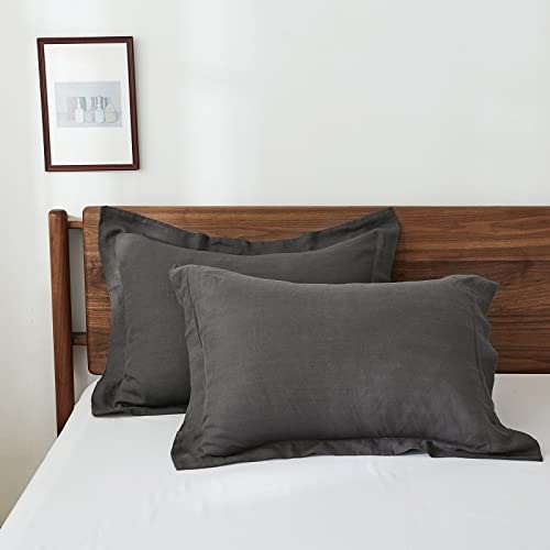 King Linens 100% French Linen Pillow Shams Basic Style - Pack of 2 - Washed Solid Color Natural Flax Soft Breathable - Dark Grey, 20'' x 36'' - Image 1