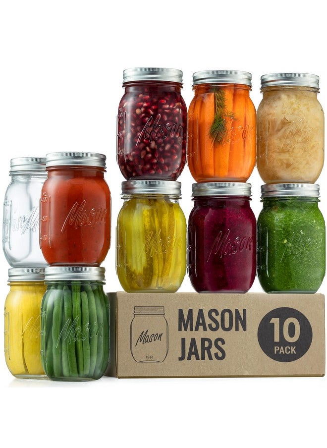 Paksh Novelty - Paksh Novelty Mason Jars with Lids & Sealer - 10 Pack 16 Oz Regular Mouth Glass Canning Jars - Food Storage Container - Airtight Container for Pickling, Home Decor, Overnight Oats, Fruit Preserves - Image 1