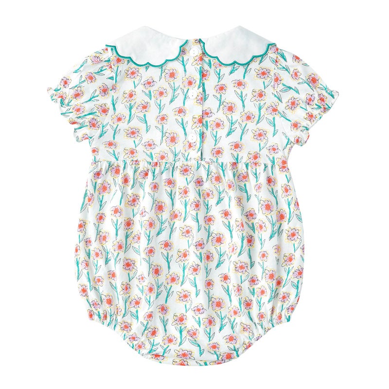 Simplee kids Baby Girl Romper Smocked Baby Girl Romper Baby Girl Bubble Short Sleeve Summer Outfits Rompers Pink Flower Pattern Onesie 12M - Image 2