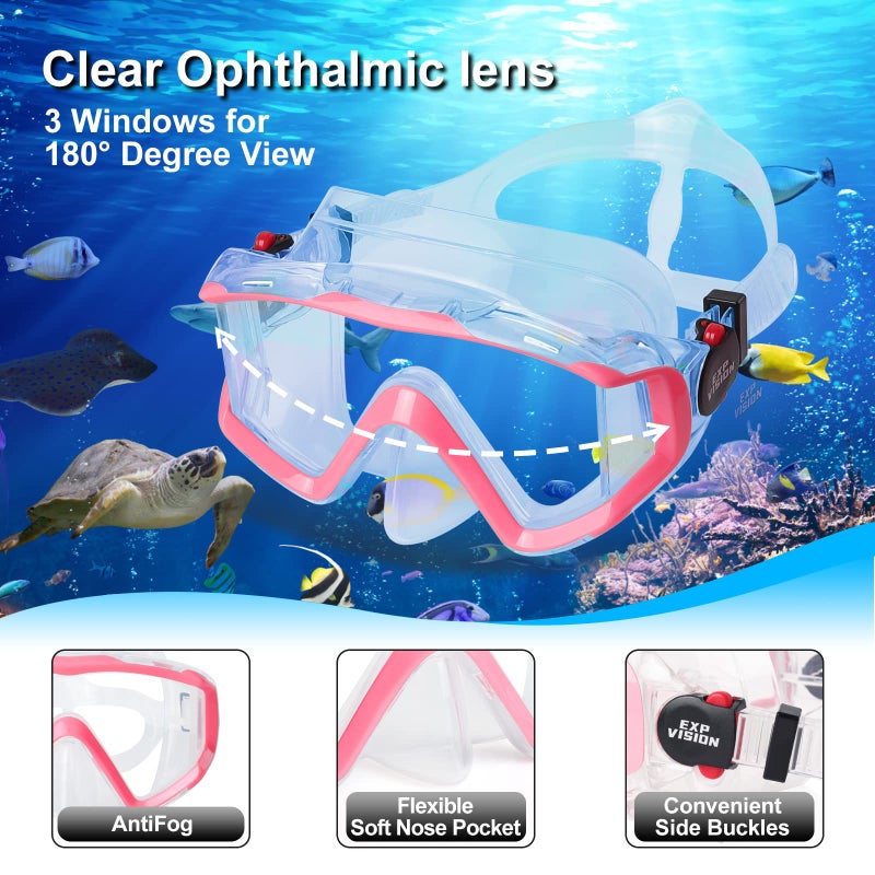 EXP VISION Snorkel Set Pano 3 Window Adult Snorkeling Gear, Professional Anti-Fog Snorkel Diving Mask, Anti-Leak Swim Goggles and Dry Top Snorkel for Scuba Diving, Snorkeling, Swimming (Pink) - Image 2