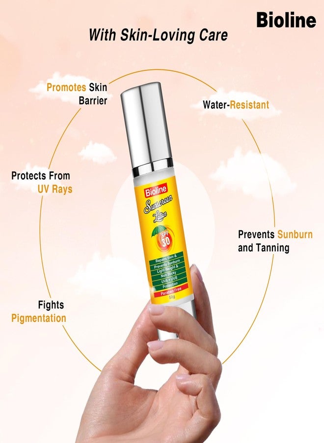 بايولاين لوشن واقي من الشمس من بايولاين بعامل حماية 30 مع خلاصة الصبار والنياسيناميد وفيتامين هـ، حماية من الأشعة فوق البنفسجية بنوعيها UVA وUVB | غير لزج، خفيف الوزن وخالٍ من البارابين | لا يترك طبقة بيضاء، مناسب لجميع أنواع البشرة، 50 غرام × عبوة واحدة - Image 5