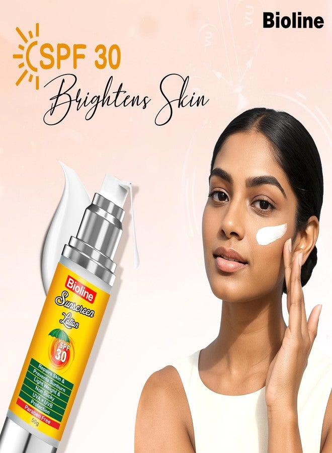 بايولاين لوشن واقي من الشمس من بايولاين بعامل حماية 30 مع خلاصة الصبار والنياسيناميد وفيتامين هـ، حماية من الأشعة فوق البنفسجية بنوعيها UVA وUVB | غير لزج، خفيف الوزن وخالٍ من البارابين | لا يترك طبقة بيضاء، مناسب لجميع أنواع البشرة، 50 غرام × عبوة واحدة - Image 2