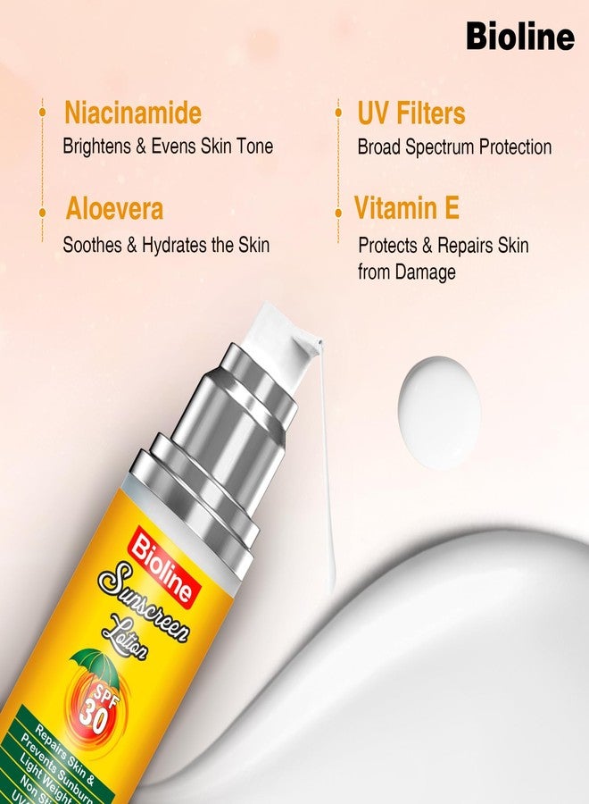بايولاين لوشن واقي من الشمس من بايولاين بعامل حماية 30 مع خلاصة الصبار والنياسيناميد وفيتامين هـ، حماية من الأشعة فوق البنفسجية بنوعيها UVA وUVB | غير لزج، خفيف الوزن وخالٍ من البارابين | لا يترك طبقة بيضاء، مناسب لجميع أنواع البشرة، 50 غرام × عبوة واحدة - Image 3