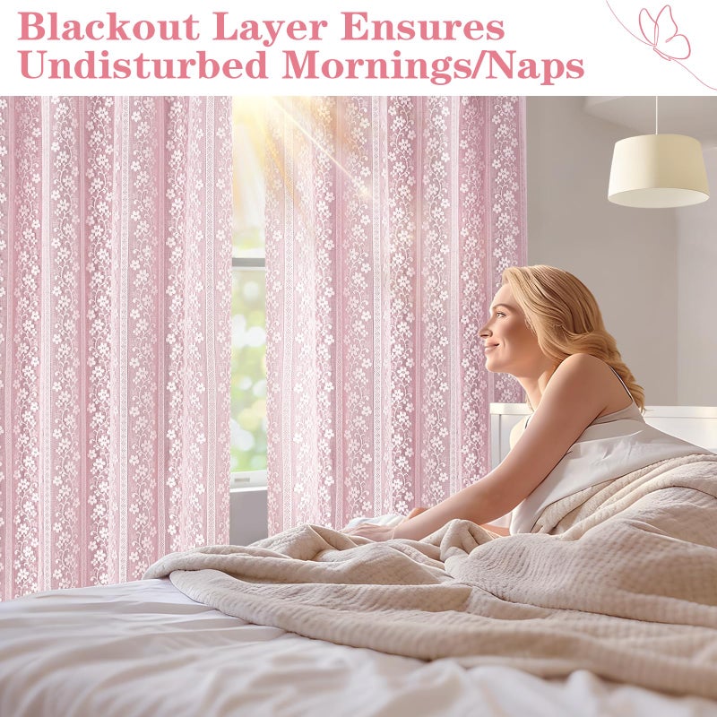 ASPMIZ Pink Blackout Curtains for Bedroom 63 inch Long, Double Layer Curtains with Lace Overlay, Light Blocking Grommet Drapes for Girls Living Room Thermal Insulated Window Curtain Set of 2, 52x63 - Image 5