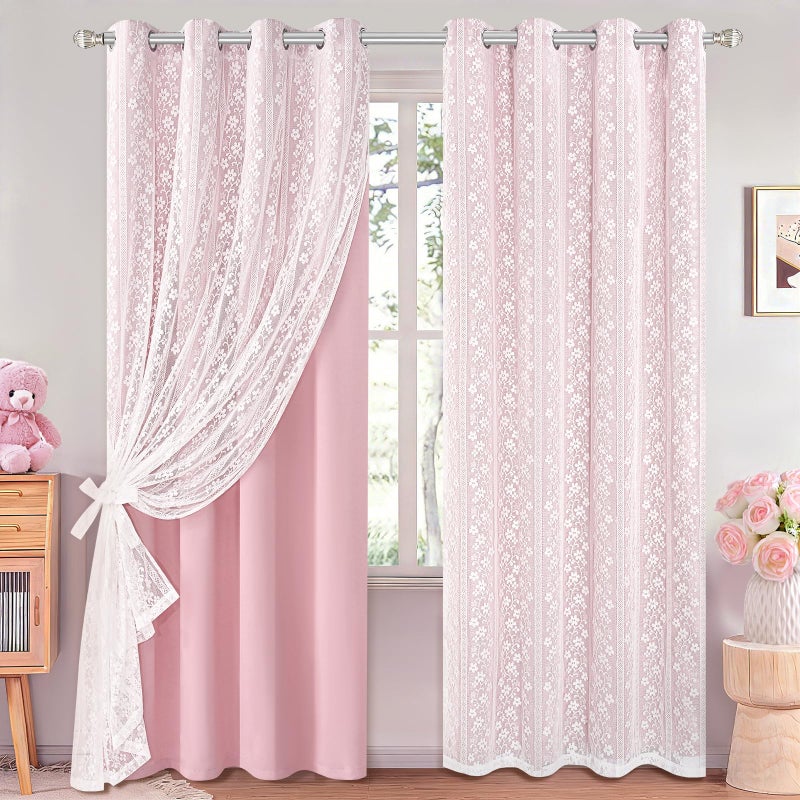 ASPMIZ Pink Blackout Curtains for Bedroom 63 inch Long, Double Layer Curtains with Lace Overlay, Light Blocking Grommet Drapes for Girls Living Room Thermal Insulated Window Curtain Set of 2, 52x63 - Image 1