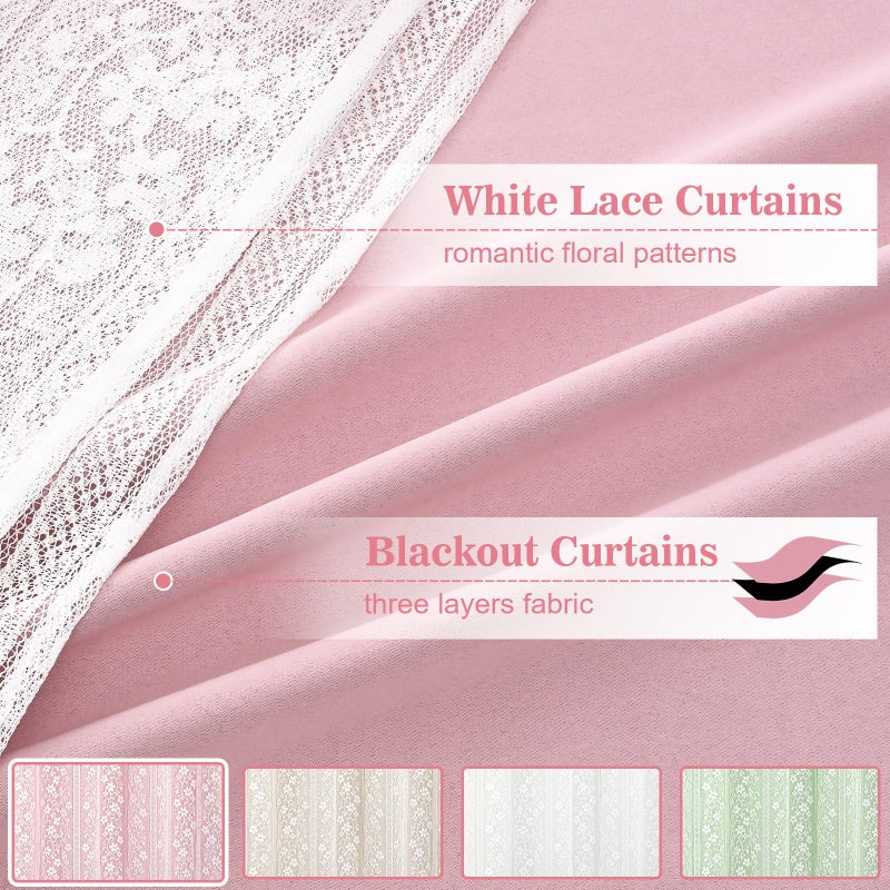ASPMIZ Pink Blackout Curtains for Bedroom 63 inch Long, Double Layer Curtains with Lace Overlay, Light Blocking Grommet Drapes for Girls Living Room Thermal Insulated Window Curtain Set of 2, 52x63 - Image 3