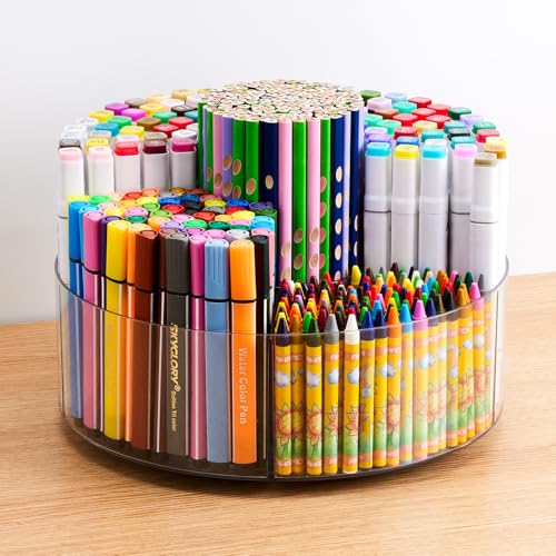 Flytreal Acrylic Pen Marker Organizer for Desk 360Degree Rotating Pencil Holder Crayon Art Supplies Storage Organizer 6 Slots Clear Large Capcaity Spinning Caddy for Home Office School Kids - Image 3