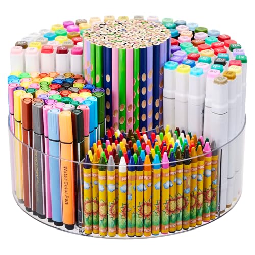 Flytreal Acrylic Pen Marker Organizer for Desk 360Degree Rotating Pencil Holder Crayon Art Supplies Storage Organizer 6 Slots Clear Large Capcaity Spinning Caddy for Home Office School Kids - Image 1