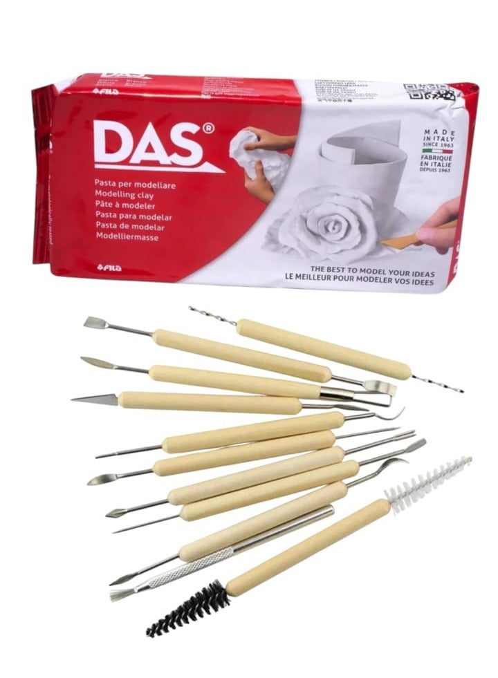 DAS 500g White Modeling Clay with 11 Piece Clay Sculpting and Smoothing Tool Set - Image 1