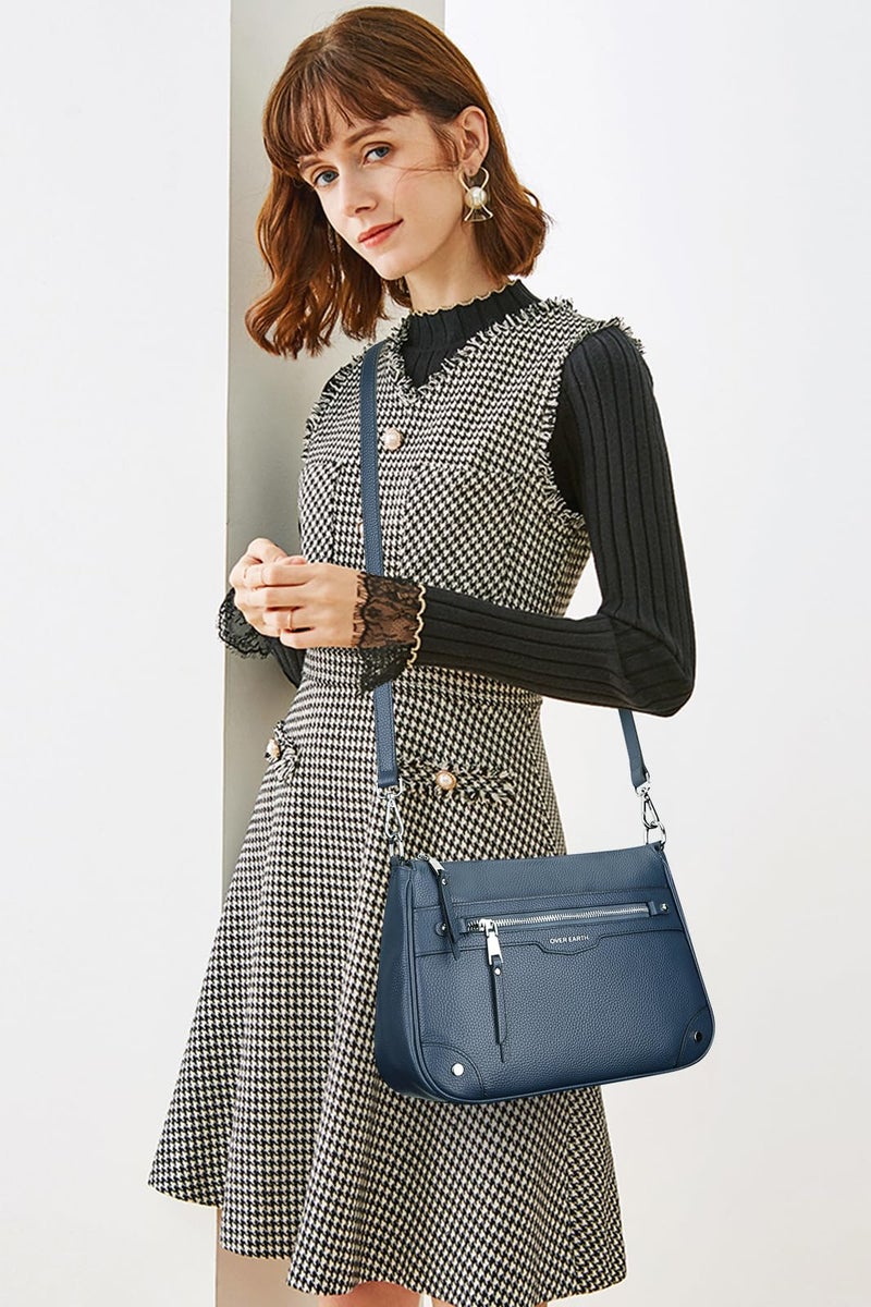 Over Earth Soft Genuine Leather Crossbody Bags for Women Medium Shoulder Purses Hobo Handbags with Multi Pockets(O190E Indigo Blue) - Image 3