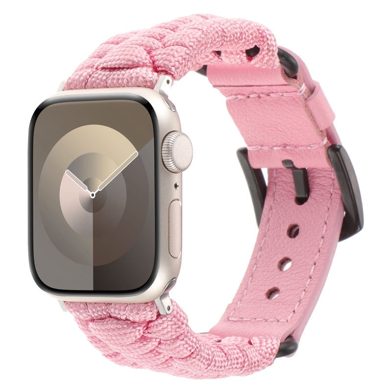 For Apple Watch SE 2023 44mm Plain Paracord Genuine Leather Watch Band(Pink)
