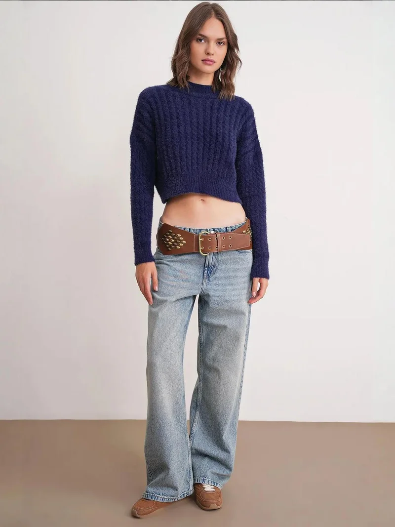 MixRay Mixray Cable Knit Pattern Crop Sweater