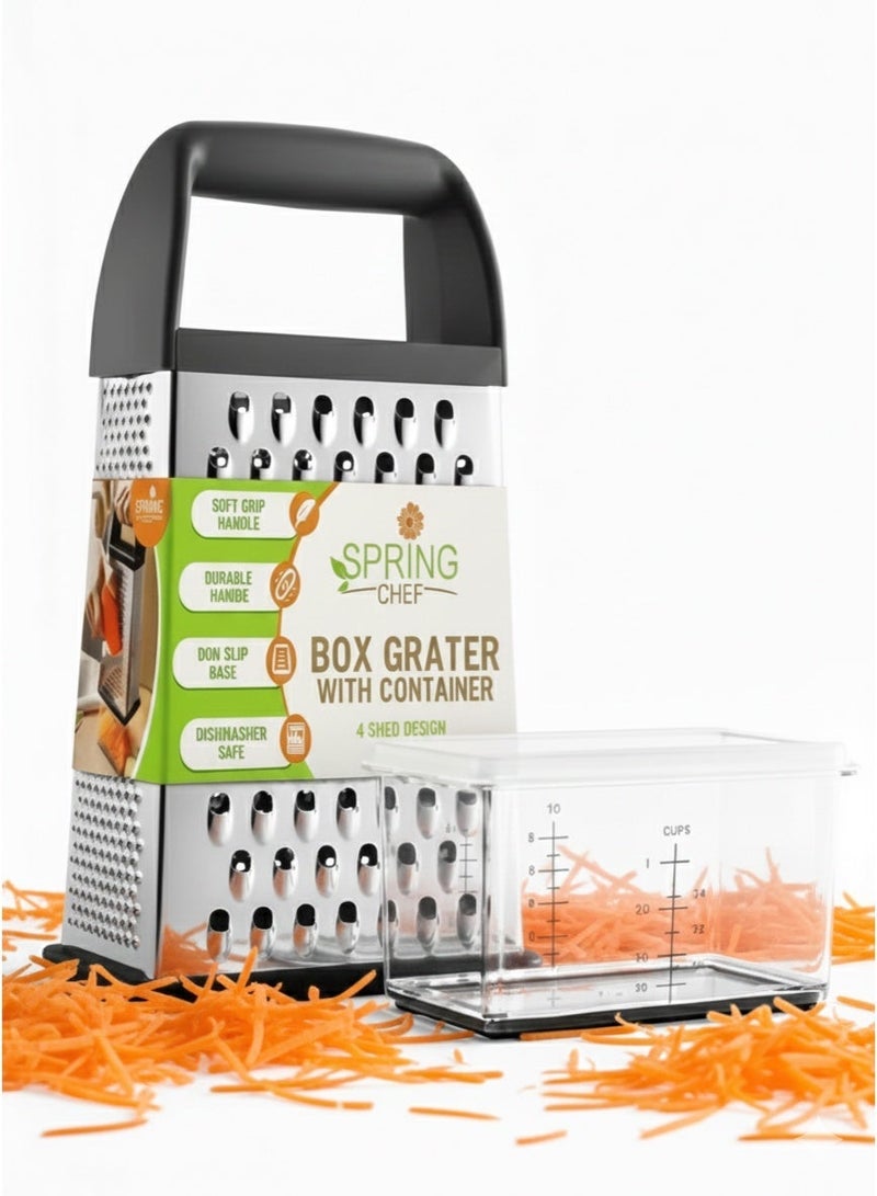 4-Sided Stainless Steel Box Grater with Storage Bin – Handheld Food Shredder and Slicer for Carrots, Zucchini, Lemon, Cheese, and Vegetables – Dishwasher Safe - Image 1