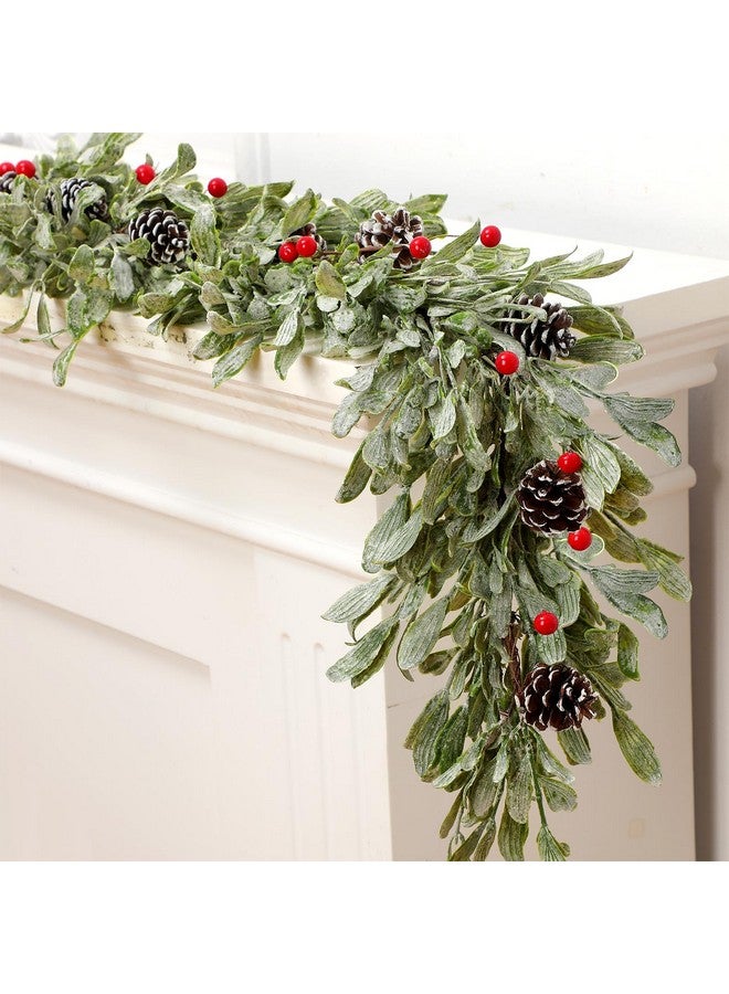 Dingion 2 Pcs Christmas Frosted Mistletoe Garland for Mantel Each 3.3 ft Hanging Artificial Flocked Mistletoe Garland Farmhouse Pinecone Red Berry Garland for Xmas Home Table Fireplace Decor,7.87 Wide - Image 1