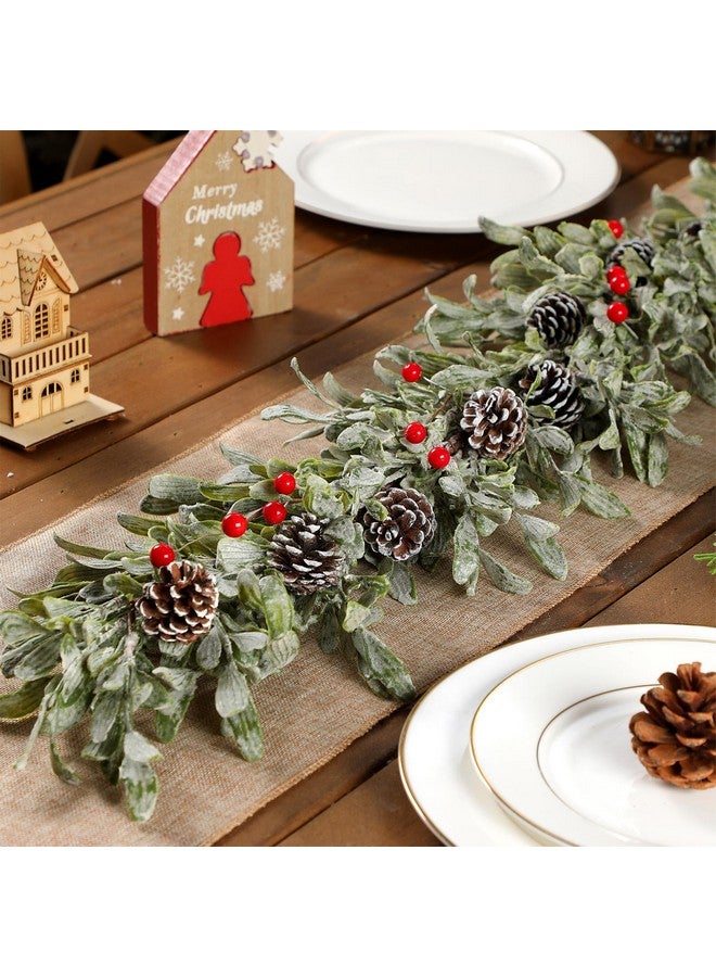 Dingion 2 Pcs Christmas Frosted Mistletoe Garland for Mantel Each 3.3 ft Hanging Artificial Flocked Mistletoe Garland Farmhouse Pinecone Red Berry Garland for Xmas Home Table Fireplace Decor,7.87 Wide - Image 3
