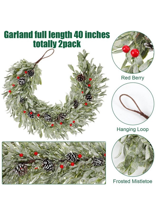 Dingion 2 Pcs Christmas Frosted Mistletoe Garland for Mantel Each 3.3 ft Hanging Artificial Flocked Mistletoe Garland Farmhouse Pinecone Red Berry Garland for Xmas Home Table Fireplace Decor,7.87 Wide - Image 2