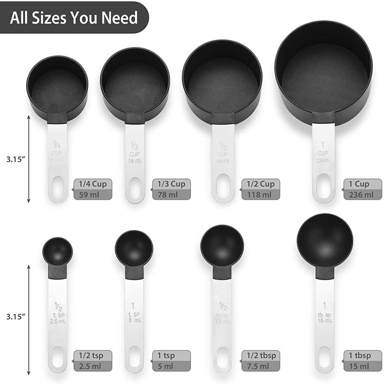 MobFest ® Measuring Cup & Spoon Set, Food Grade Plastic, Stainless Steel Handle Engraved Measurements, Cooking Baking Kitchen Tool, Rustproof, Dishwasher Safe, 8 Piece Set - Image 2