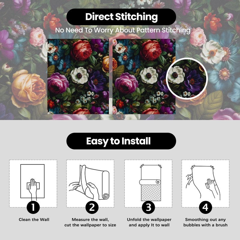 Abyssaly Black Floral Peel and Stick Wallpaper - Dark Flower Boho Contact Paper for Bathroom and Kitchen Backsplash - Vintage Thicken Self Adhesive Removable Vinyl Wrap Paper Room Walls Decor 17.7" X 118" - Image 4