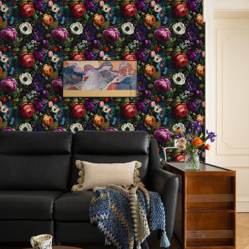 Abyssaly Black Floral Peel and Stick Wallpaper - Dark Flower Boho Contact Paper for Bathroom and Kitchen Backsplash - Vintage Thicken Self Adhesive Removable Vinyl Wrap Paper Room Walls Decor 17.7" X 118" - Image 3