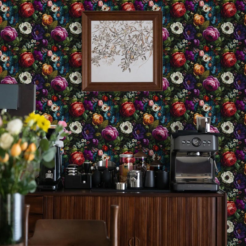 Abyssaly Black Floral Peel and Stick Wallpaper - Dark Flower Boho Contact Paper for Bathroom and Kitchen Backsplash - Vintage Thicken Self Adhesive Removable Vinyl Wrap Paper Room Walls Decor 17.7" X 118" - Image 2