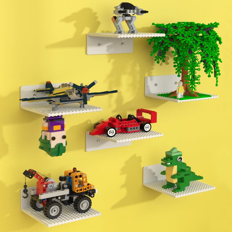 BlissBox 6Pack Floating Shelves for Wall Compatible with Lego Building Bricks 5x55inch DualSided 16x17 Studs for Toy Brick Storage and Display ABS Display Shelves for Room Decor White