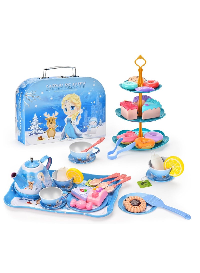 Excefore Little Girls Tea Party Set, Kitchen Playset, 48-Piece Elsa Princess Pretend Toy Kit with Tin Tea Set, Desserts, and Carrying Case - Kids Pretend Play Toys, Birthday Gift for 3-6 Year Old Girls  - Image 1