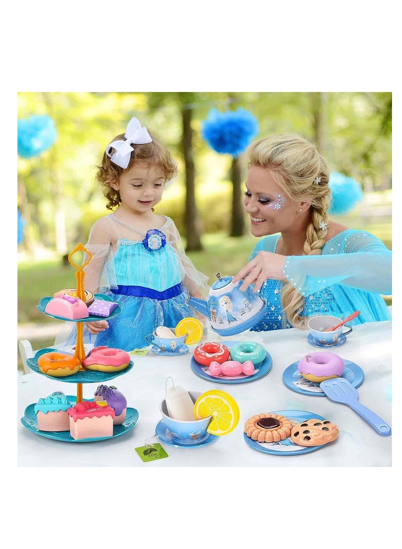 Excefore Little Girls Tea Party Set, Kitchen Playset, 48-Piece Elsa Princess Pretend Toy Kit with Tin Tea Set, Desserts, and Carrying Case - Kids Pretend Play Toys, Birthday Gift for 3-6 Year Old Girls  - Image 4