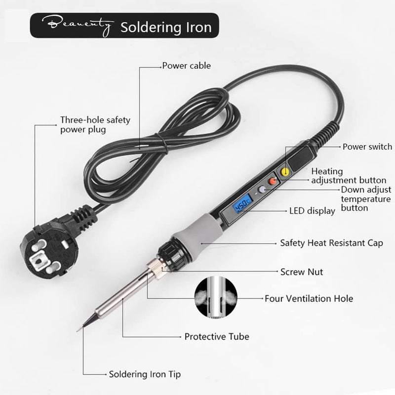 Beauenty Electric Soldering Iron Kit 90W 220V Soldering Gun, Lcd Digital Adjustable Temperature Soldering Iron With Tool Kit, Multimeter Desoldeirng Pump Soldering Iron Tips Tin Pen Welding Tool (Eu) - Image 4