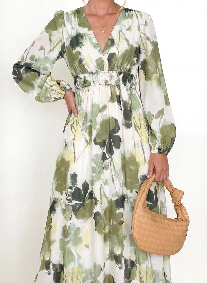 Maxigerui Women's Long Sleeve Floral Maxi Dress 2026 Spring Summer Wedding Guest Dress, D#green Print, S - Image 2