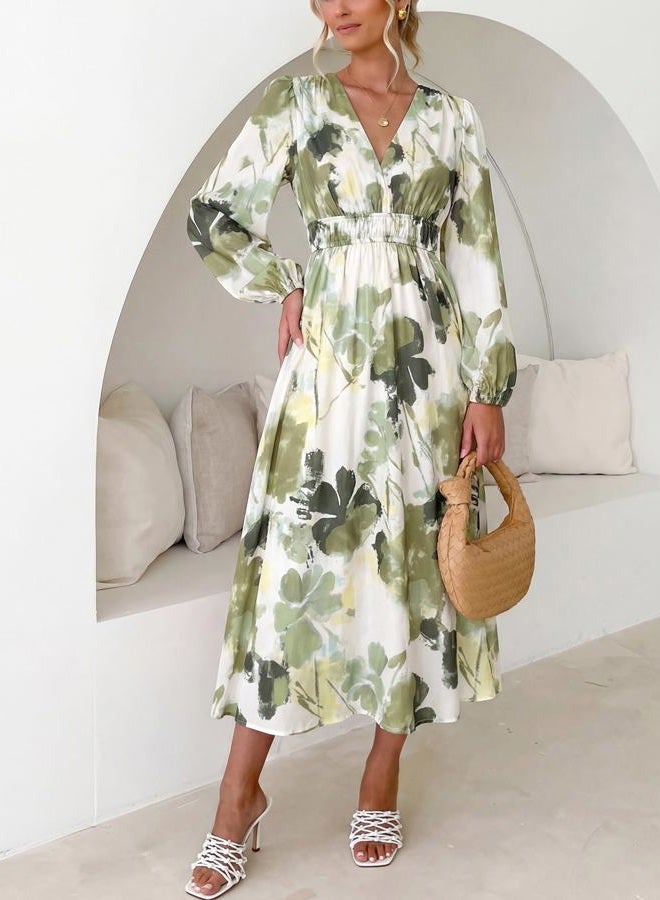 Maxigerui Women's Long Sleeve Floral Maxi Dress 2026 Spring Summer Wedding Guest Dress, D#green Print, S - Image 5