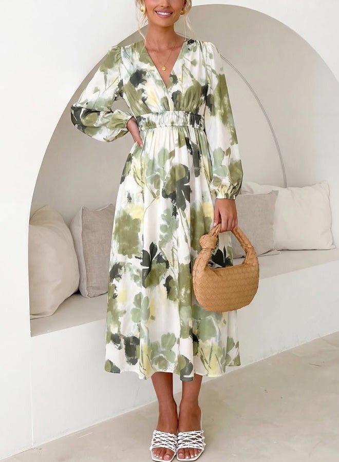 Maxigerui Women's Long Sleeve Floral Maxi Dress 2026 Spring Summer Wedding Guest Dress, D#green Print, S - Image 4