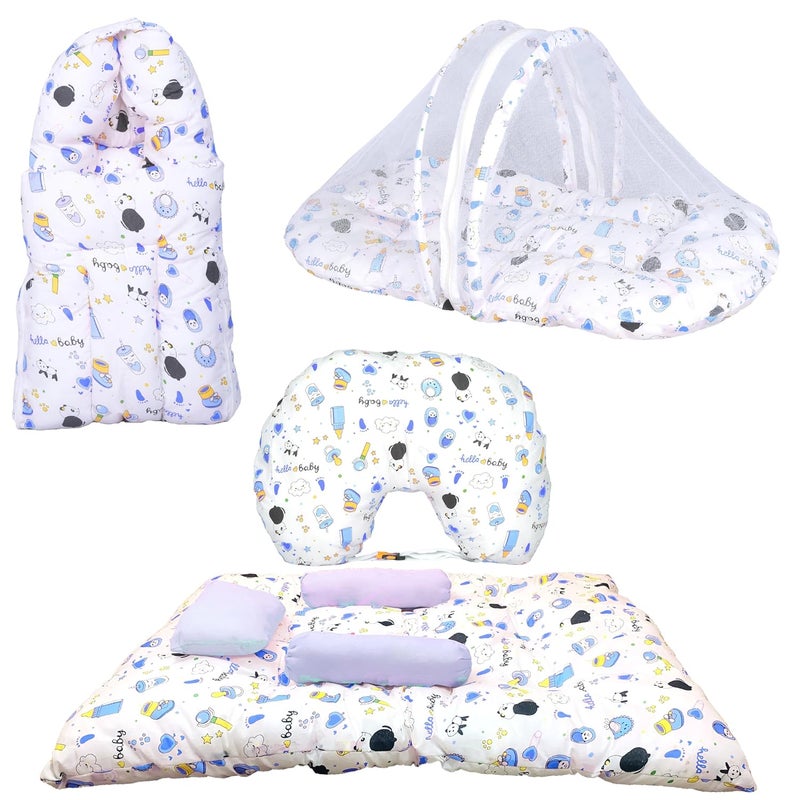 Kid's Charm Kids Charm Panda 4 PCS Combo Set 3 in 1 Babys Carry Bed5 in 1 Babys Feeding Pillow with Safety Belt2 in 1 Babys Cotton with Mosquito Net2 in 1 Babys Sleeping Bed for 48 Months Blue - Image 1
