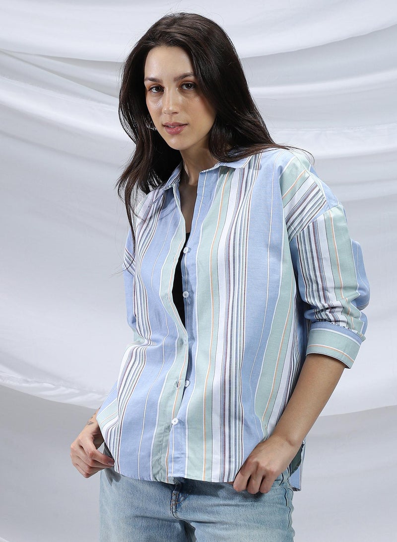 Campus Sutra Women's Powder Blue & Sage Green Multitrack-Striped Relaxed Shirt - Image 3