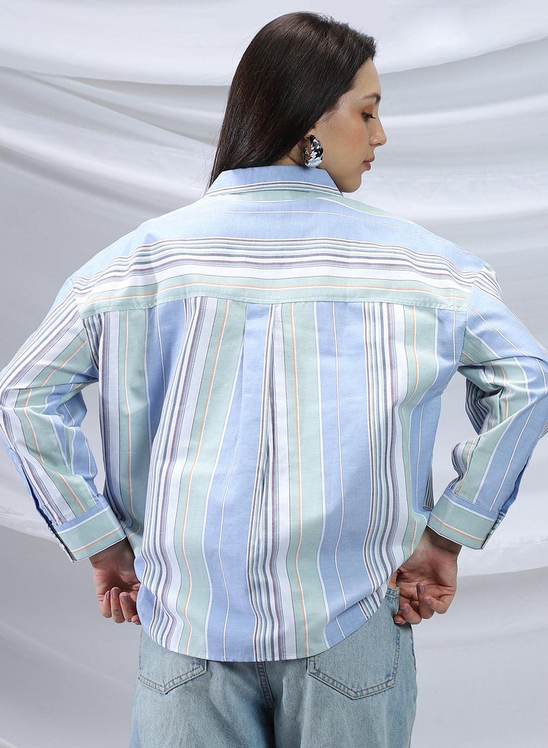 Campus Sutra Women's Powder Blue & Sage Green Multitrack-Striped Relaxed Shirt - Image 5