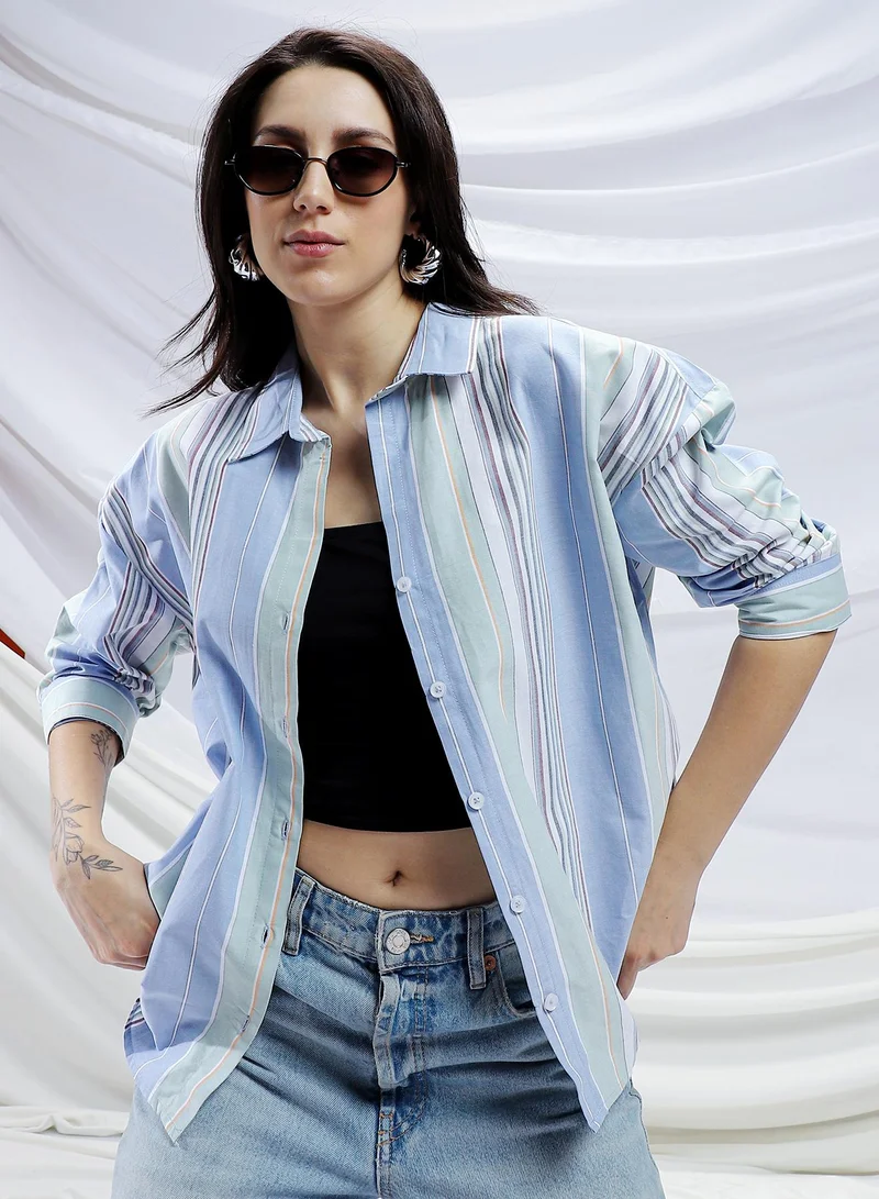 Campus Sutra Women's Powder Blue & Sage Green Multitrack-Striped Relaxed Shirt