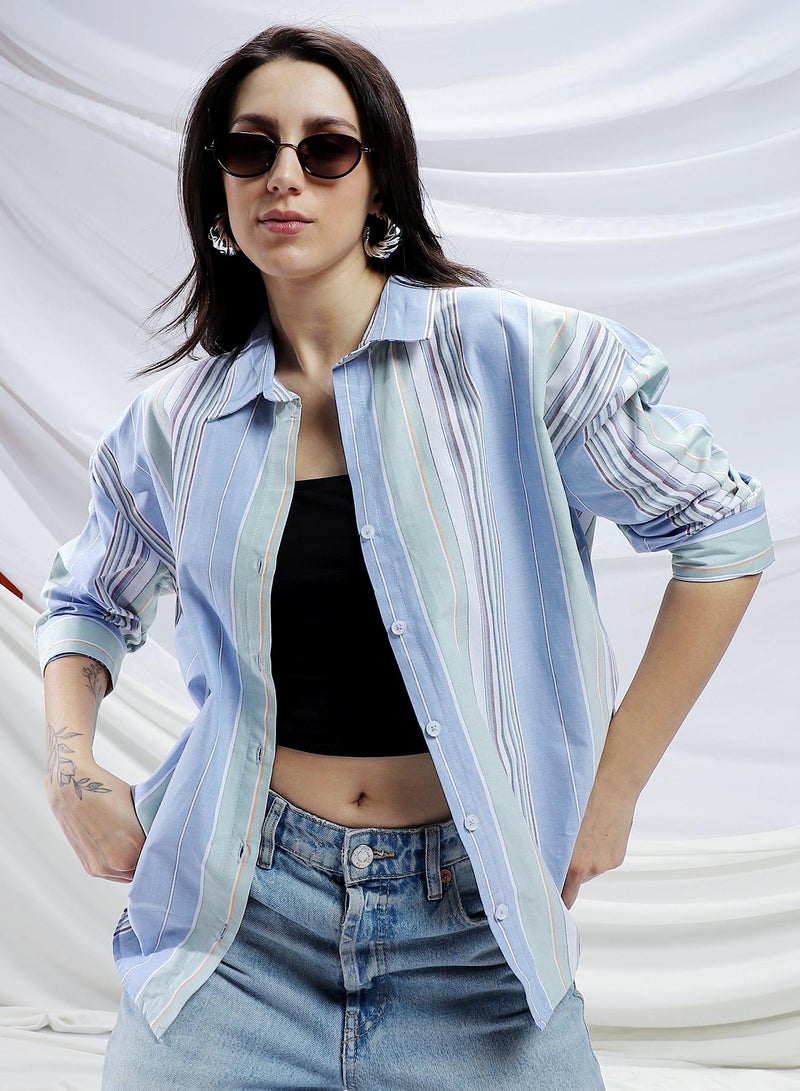 Campus Sutra Women's Powder Blue & Sage Green Multitrack-Striped Relaxed Shirt - Image 2