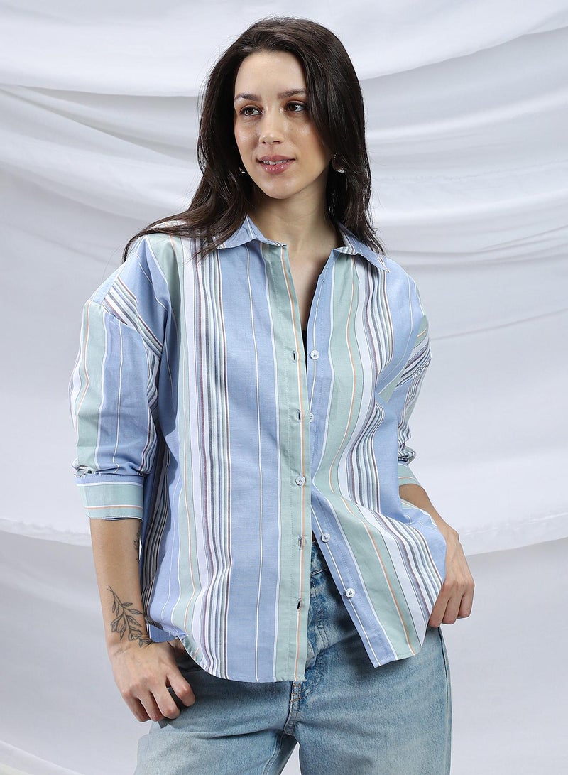 Campus Sutra Women's Powder Blue & Sage Green Multitrack-Striped Relaxed Shirt - Image 1