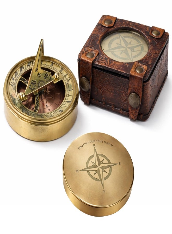 LEATHERVINES Premium Brass Sundial Compass with Engraved Lid – “Follow Your True North” Nautical Antique Compass with Leather Case – Inspirational Gift for Men, Travelers, Graduation & Décor - Image 1