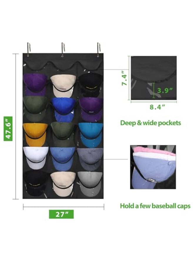Hat Organizer Racks for Baseball Caps, Visible Hat Holder Rack for Wall Door with 3 Hooks, 18 Deep Pockets - Image 4