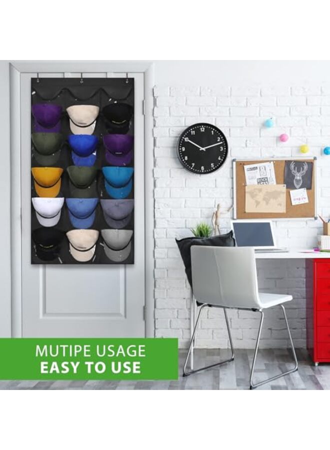 Hat Organizer Racks for Baseball Caps, Visible Hat Holder Rack for Wall Door with 3 Hooks, 18 Deep Pockets - Image 3